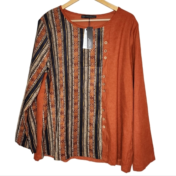 NWT ZANZEA lightweight corduroy Long Sleeve Stripe Vintage Ethnic Blouse. - Picture 1 of 16